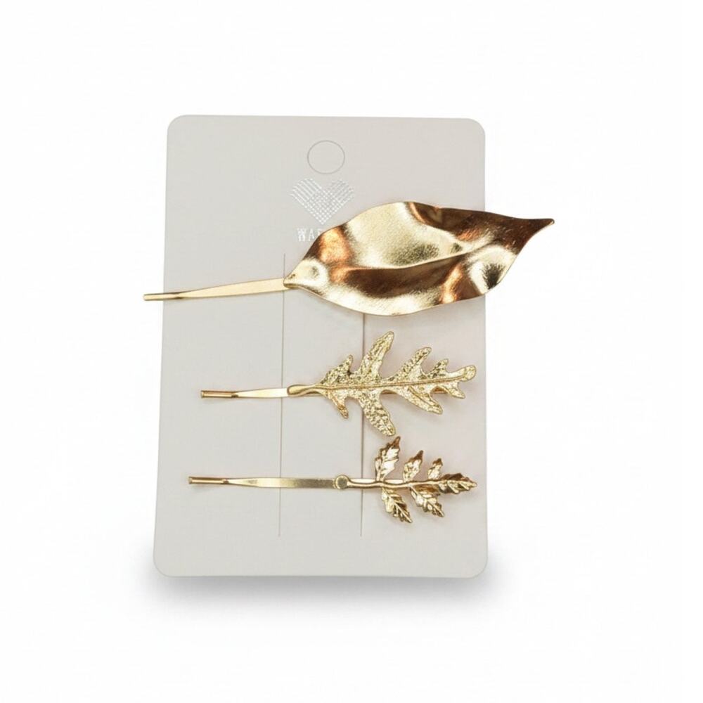 Hair Pins Accessories X 3 Leaf Shaped Gold Color Bobby Pins New